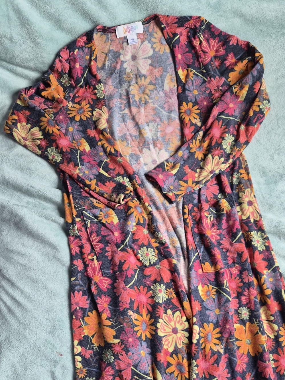 LuLaRoe Kids Sariah Size 10 Duster - Black with Pink & Orange Floral